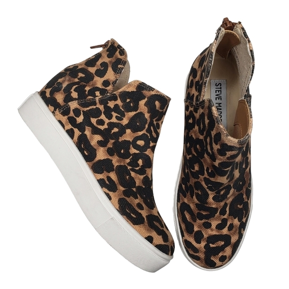 Steve Madden | Claud Brown Leopard Canvas High Top Hidden Wedge Sneakers Women 5 - Picture 1 of 12